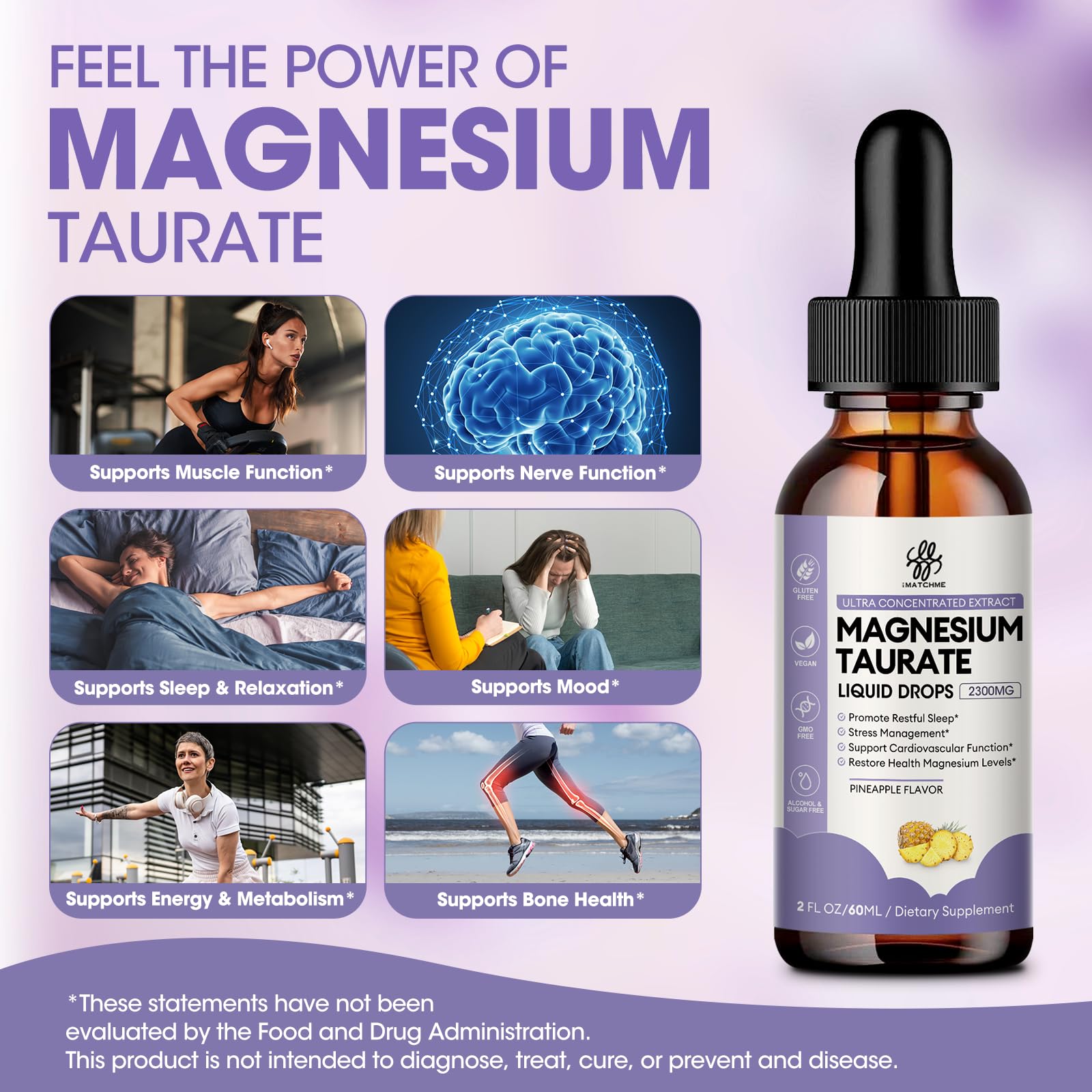iMATCHME Magnesium Taurate Liquid Drops - High Absorption Formula for Muscle Function, Circulation & Energy Support (Pineapple Flavor, 2oz)
