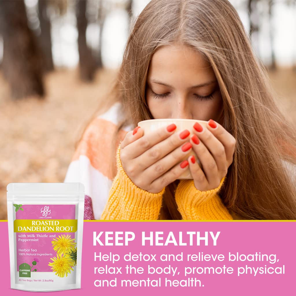 iMATCHME Organic Roasted Dandelion Root Tea - 3-in-1 Detox Blend with Milk Thistle & Peppermint for Digestive Health & Vitality (40 Tea Bags)
