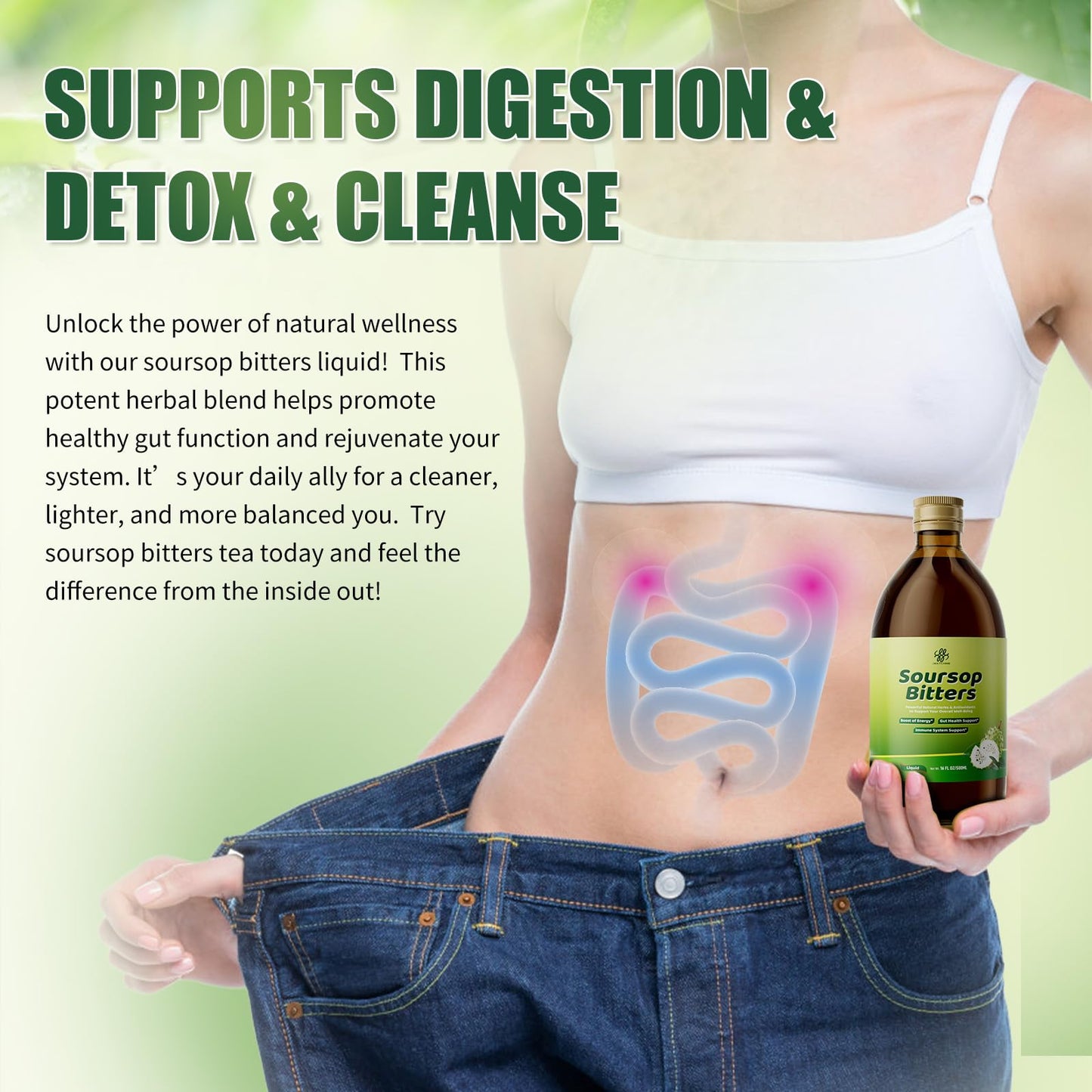 Soursop Bitters Liquid with Black Seed,Moringa & Turmeric for Digestive & Gut Cleanse, Antioxidant,Skin Health,Cell Regeneration,Immune & Mood Support,Pure 15 Herb Soursop Tea 16 fl oz