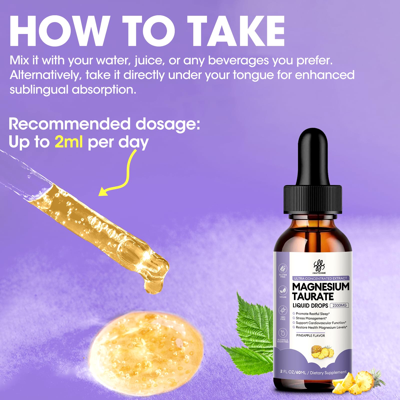 iMATCHME Magnesium Taurate Liquid Drops - High Absorption Formula for Muscle Function, Circulation & Energy Support (Pineapple Flavor, 2oz)