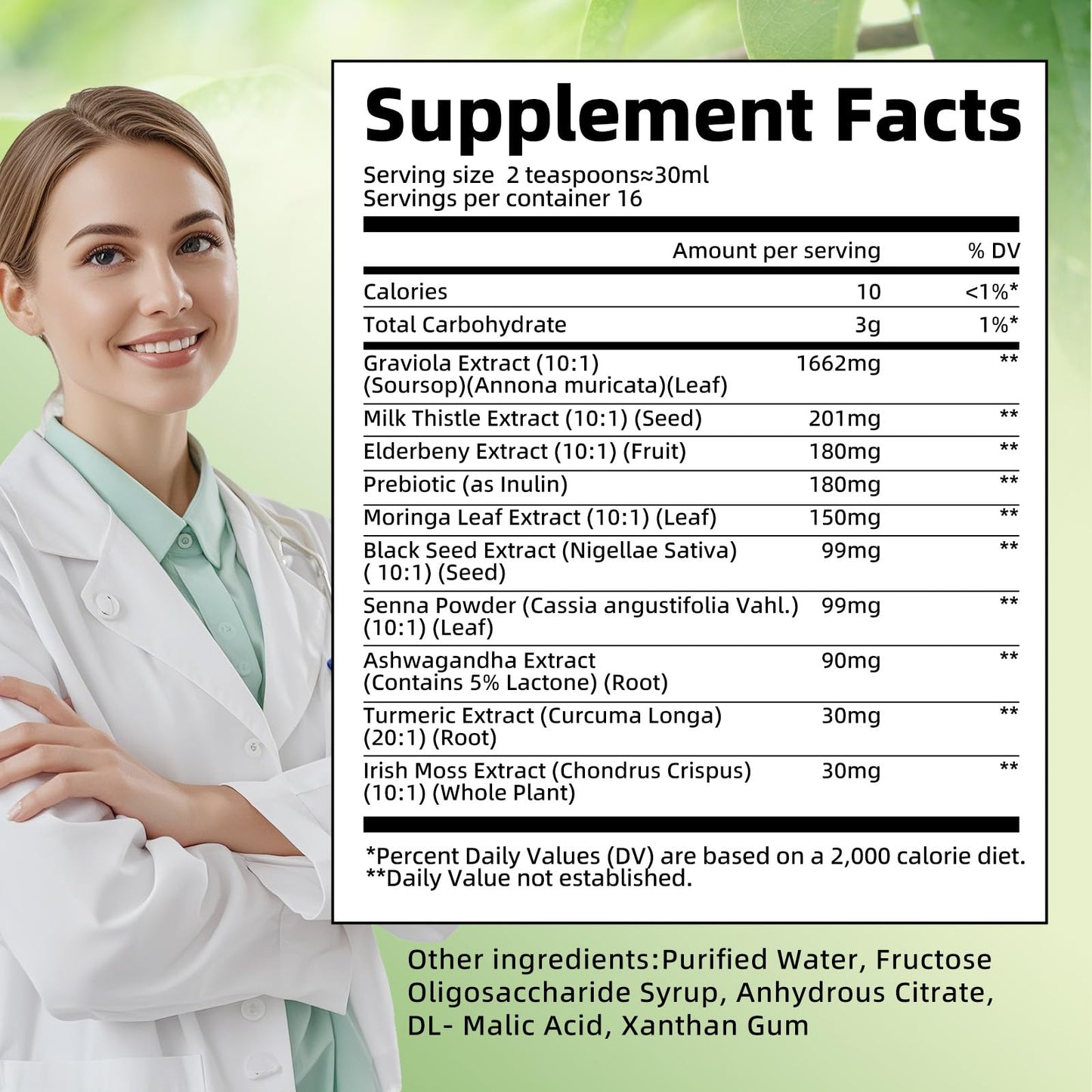 Soursop Bitters Liquid with Black Seed,Moringa & Turmeric for Digestive & Gut Cleanse, Antioxidant,Skin Health,Cell Regeneration,Immune & Mood Support,Pure 15 Herb Soursop Tea 16 fl oz