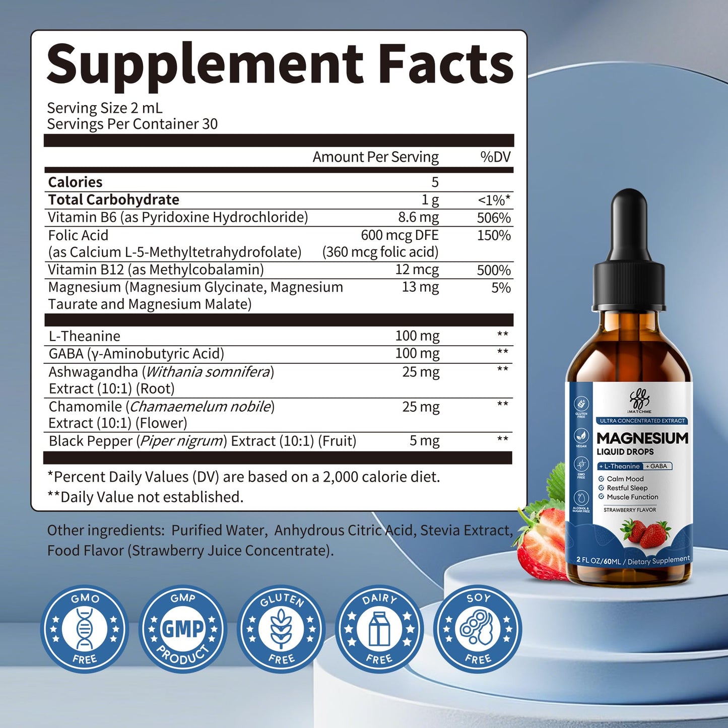 iMATCHME Liquid Magnesium Glycinate Drops - Triple Calm Formula with GABA & L-Theanine for Sleep, Stress Relief & Muscle Relaxation (Strawberry Flavor, 2oz)