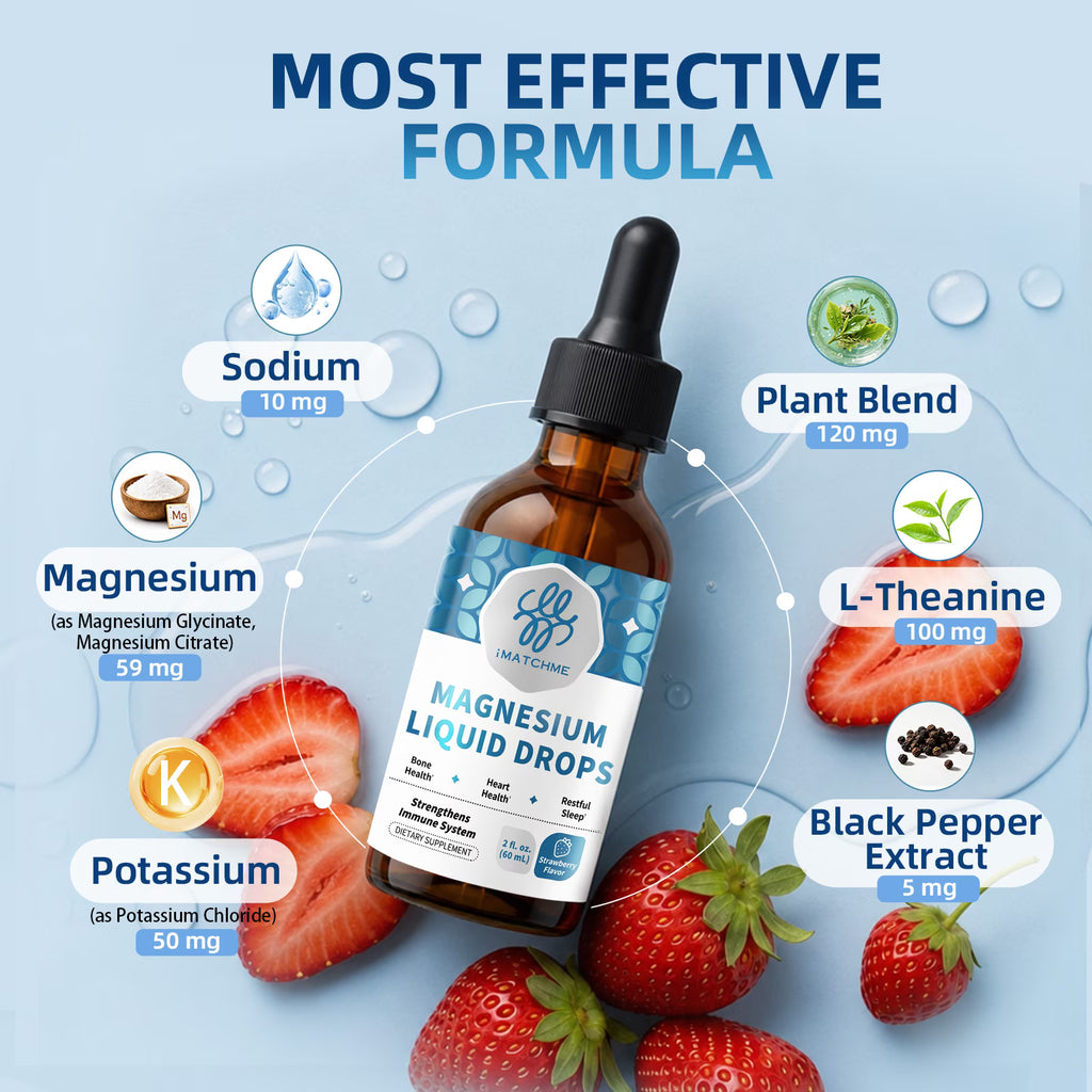 High Absorption Magnesium Liquid Drops with Potassium & Sea Moss, Sleep & Muscle Support, Strawberry Flavor, 2 fl oz
