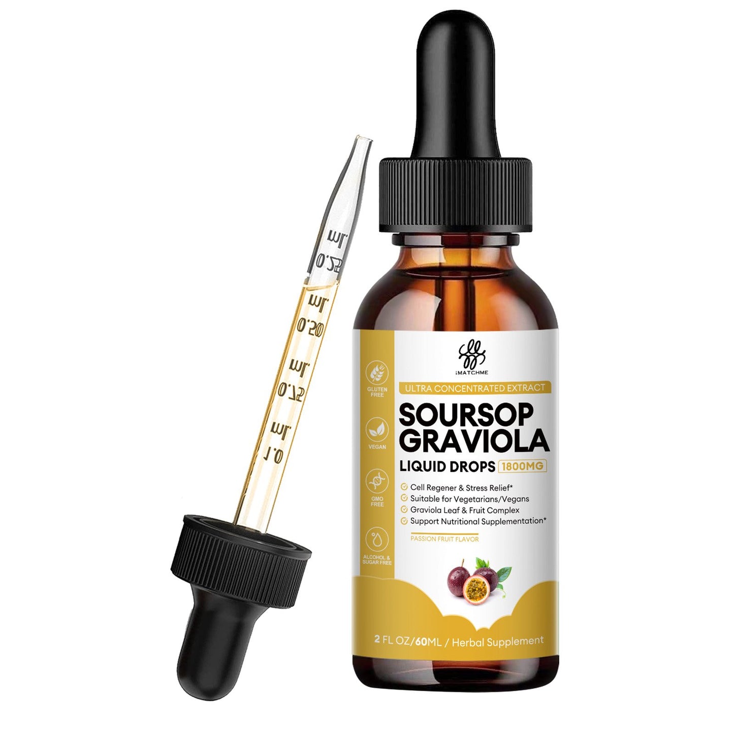 Premium Soursop Graviola for Digestion, Support Healthy Skin & Sleep, Soursop Extract Liquid Drop from Graviola Leaf and Fruit, Sugar/Caffeine/Gluten Free, Passion Fruit Flavor, 2 Fl Oz