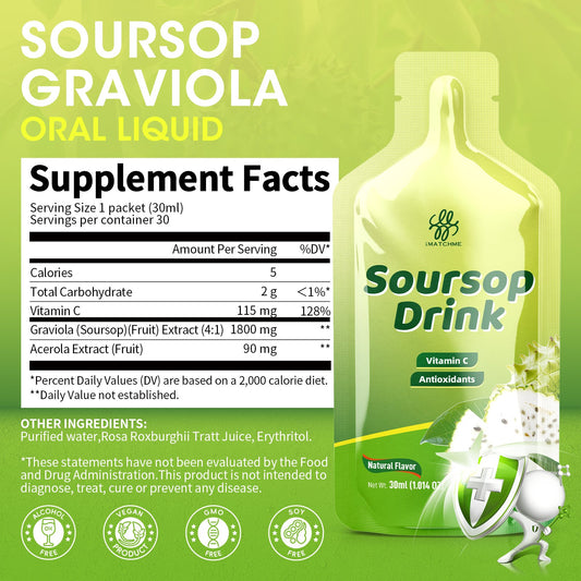 iMATCHME Soursop Bitters Liquid - 1800mg Organic Soursop Extract, Vitamin C - Immune Support, Antioxidants, Digestive & Natural Energy Boost - Vegan & Gluten Free, Natural Flavor, 30 oz (30 Packs)
