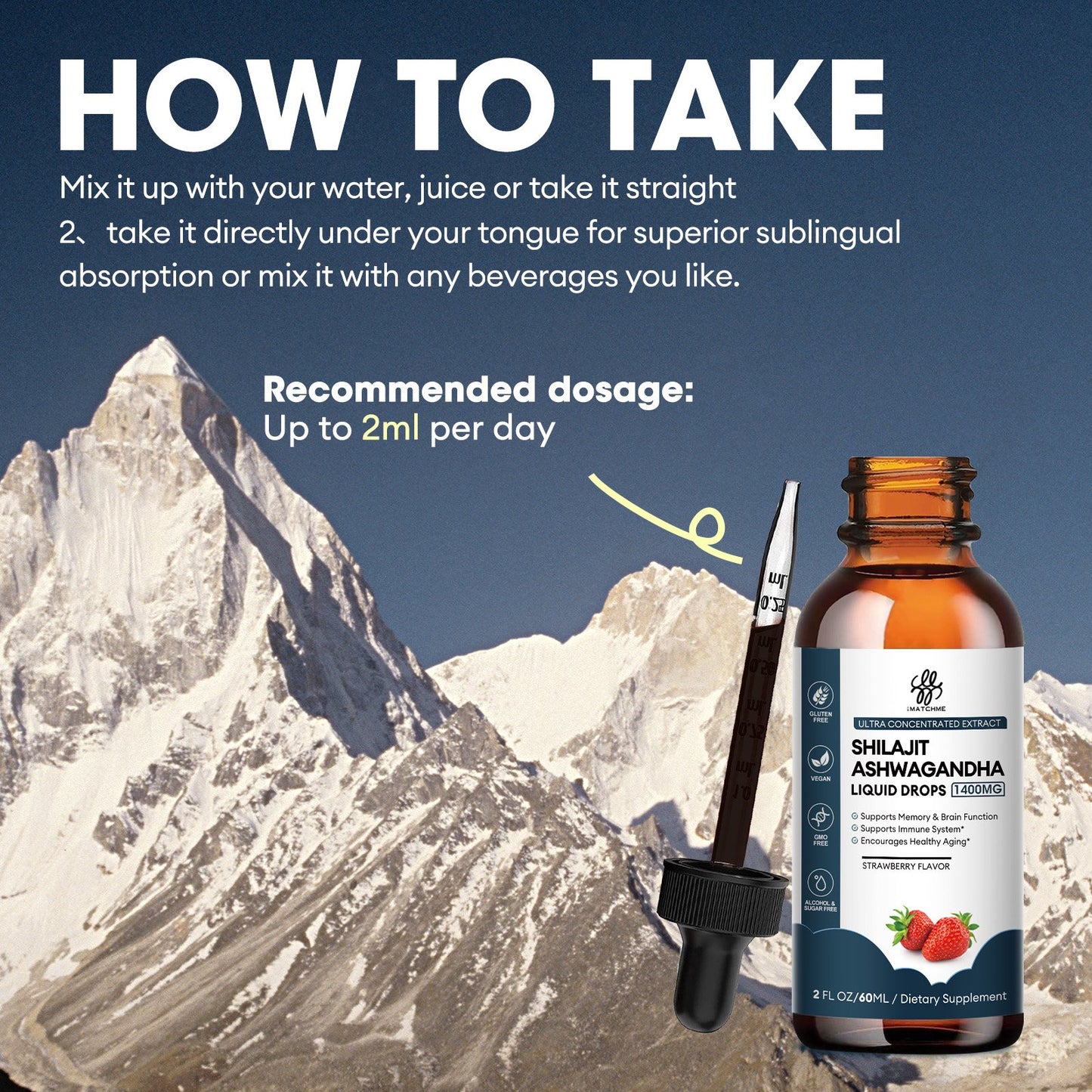 Shilajit Liquid Drop 1400MG with Ashwagandha for Enhanced Energy and Immune Support, Shilajit for Men Energy Booster, Sugar-Free, Strawberry Flavor, 2 Fl Oz