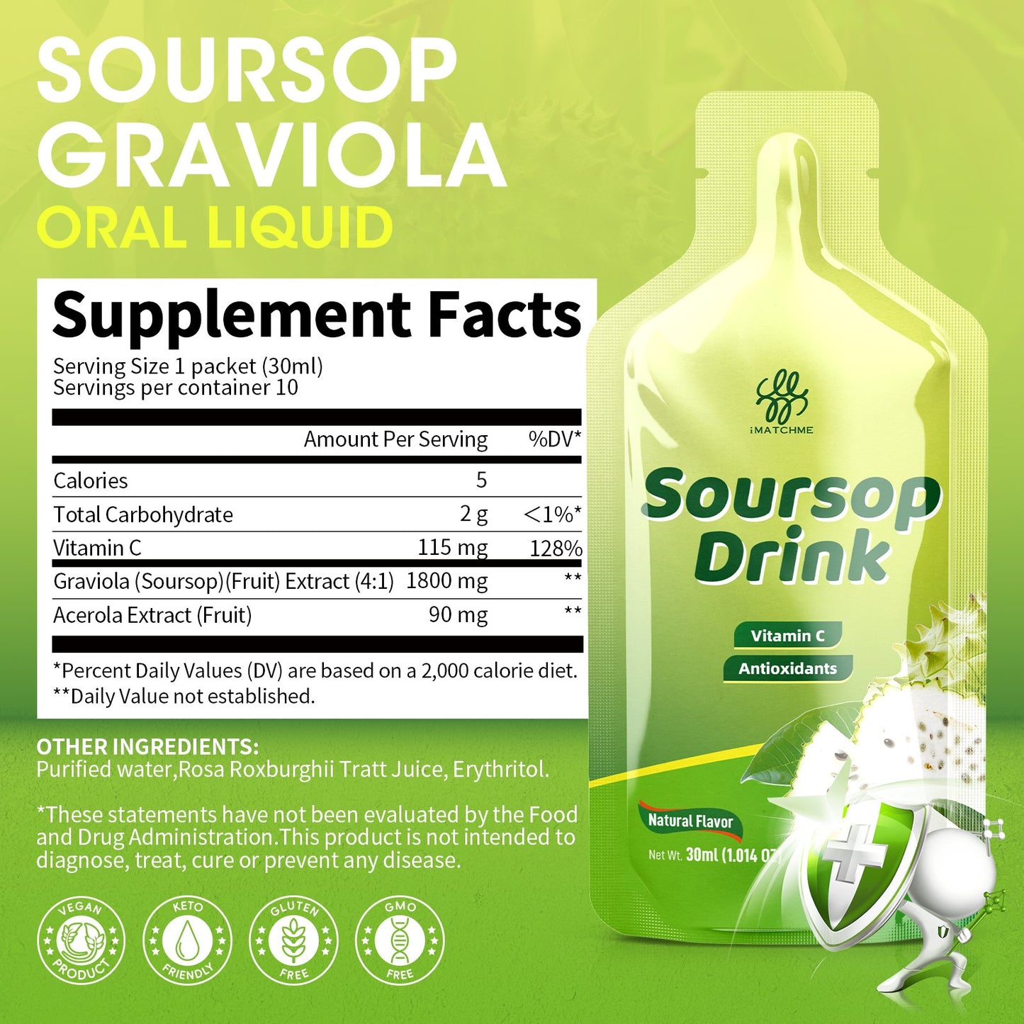1800mg Soursop Graviola Extract - Soursop Bitters Liquid for Antioxidants, Immune Support, Digestive & Natural Energy Boost - Vegan & Gluten Free, Natural Flavor, 10 oz (10 Packs)
