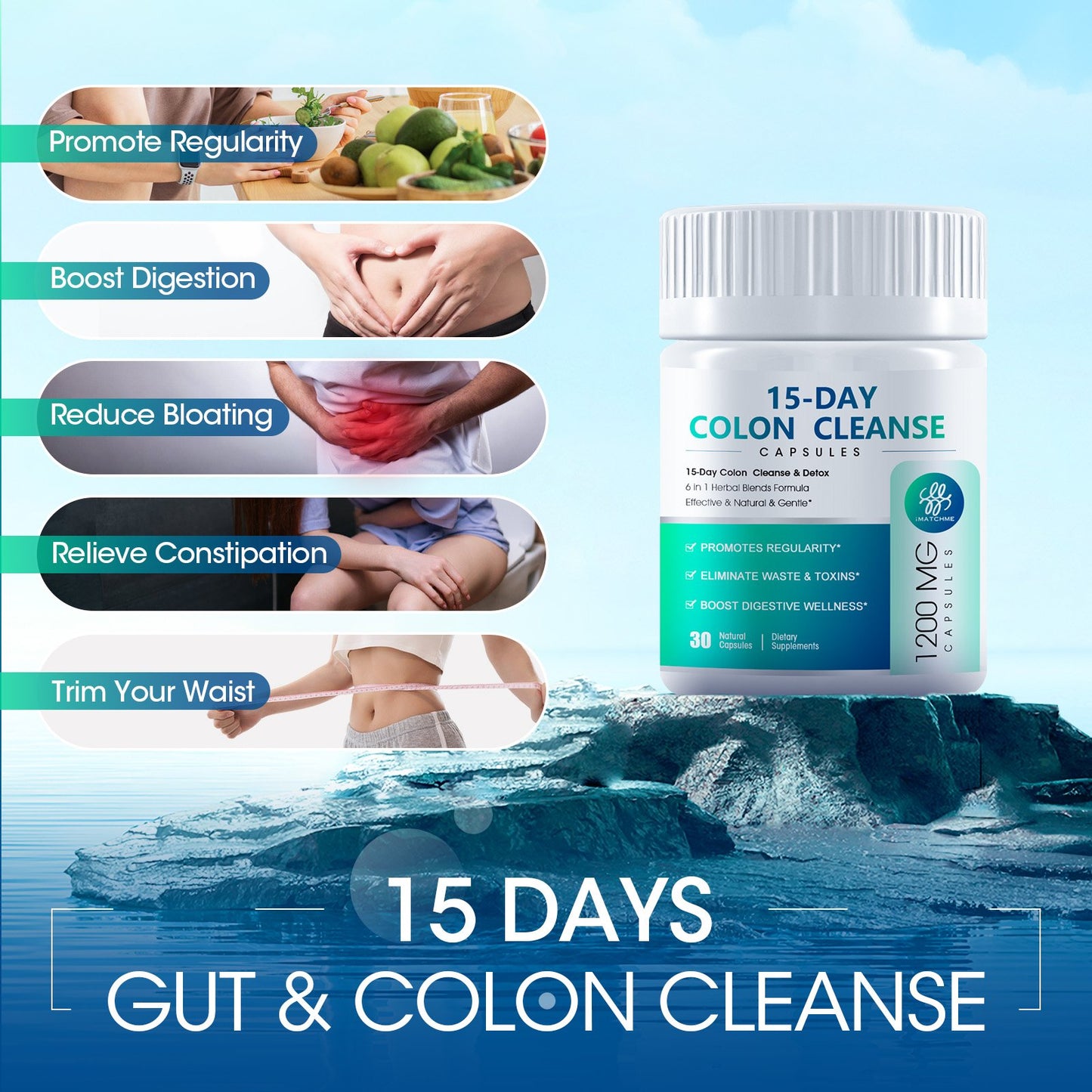 15 Day Colon Cleanse - 2 in 1 Colon & Gut Detox with Herbal Blends - Colon Broom, Constipation Relief, Gut Digestive Health & Bloating - Psyllium Husk, Senna Leaf - 30 Capsules