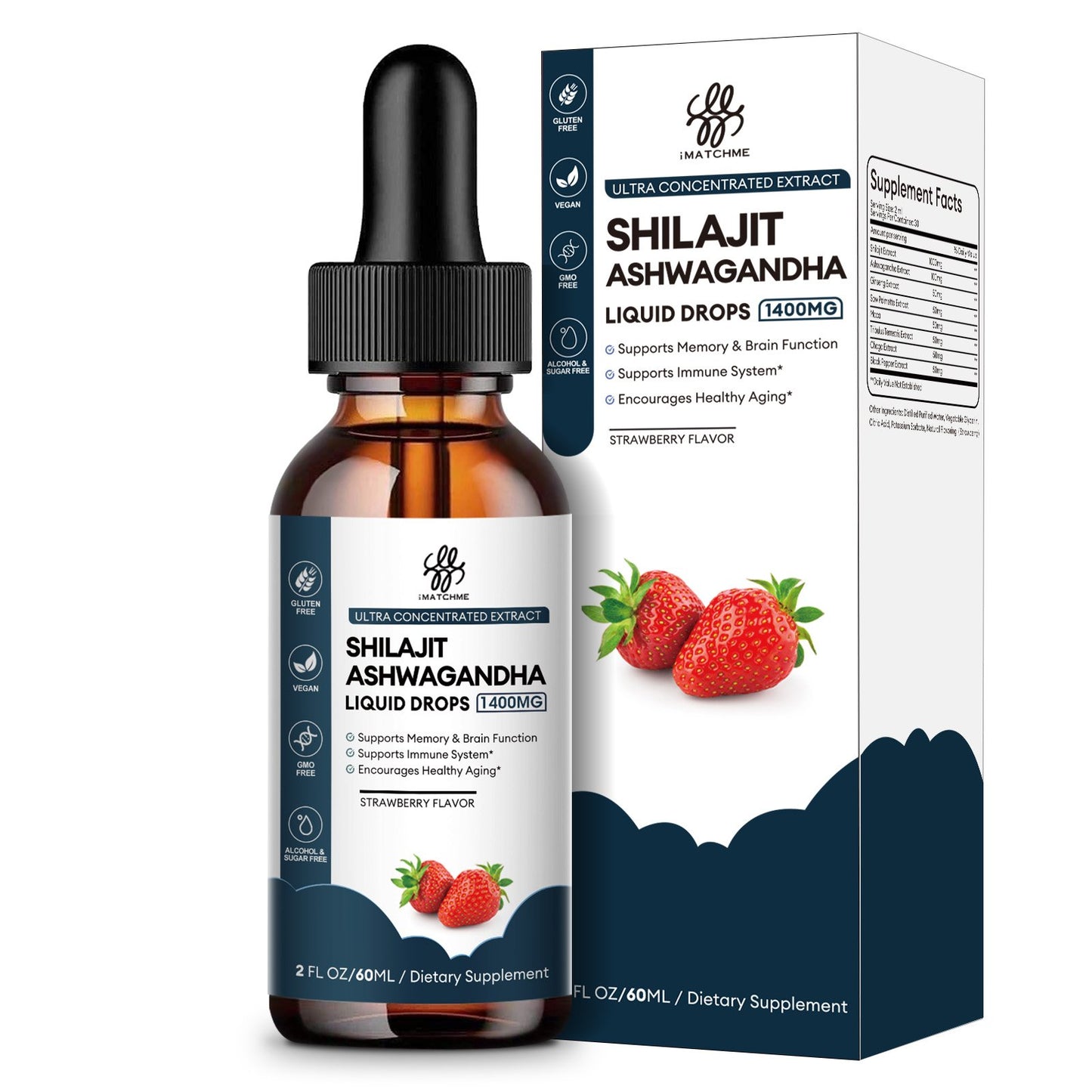 Shilajit Liquid Drop 1400MG with Ashwagandha for Enhanced Energy and Immune Support, Shilajit for Men Energy Booster, Sugar-Free, Strawberry Flavor, 2 Fl Oz