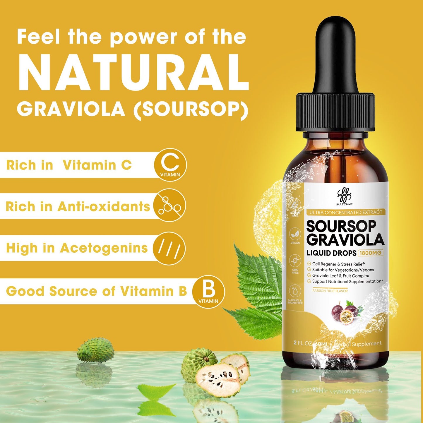 Premium Soursop Graviola for Digestion, Support Healthy Skin & Sleep, Soursop Extract Liquid Drop from Graviola Leaf and Fruit, Sugar/Caffeine/Gluten Free, Passion Fruit Flavor, 2 Fl Oz