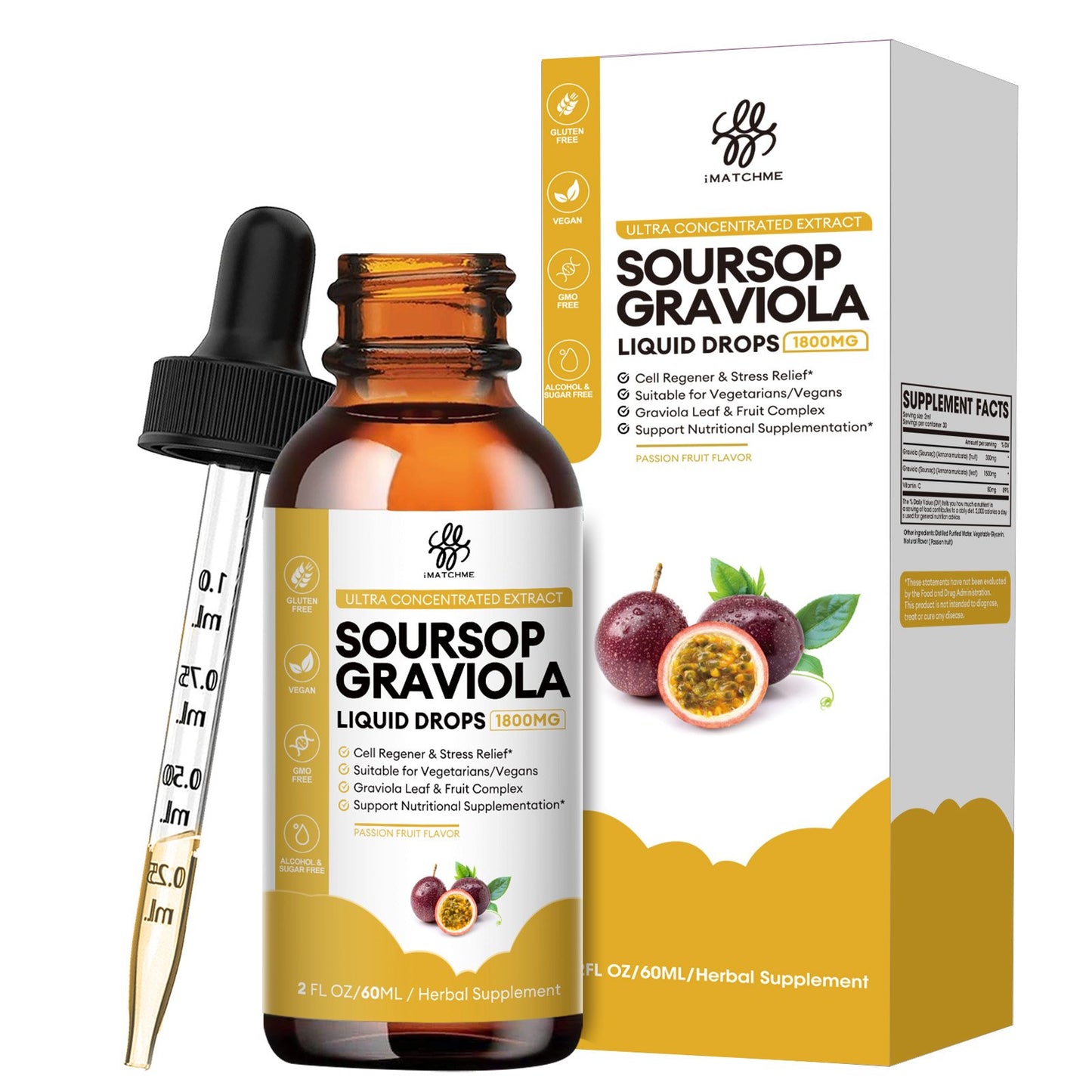 Premium Soursop Graviola for Digestion, Support Healthy Skin & Sleep, Soursop Extract Liquid Drop from Graviola Leaf and Fruit, Sugar/Caffeine/Gluten Free, Passion Fruit Flavor, 2 Fl Oz