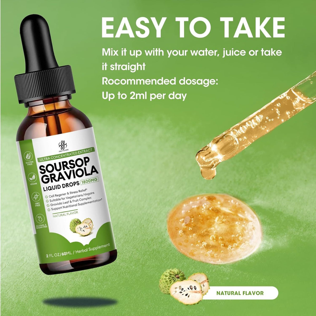 Soursop Liquid Drop for Cell Support & Regeneration, Immune Boost, Relax, Liver and Sleep, Soursop Bitters Liquid, Herbal Goodness, Sugar/Gluten Free, Natural Flavor, 2 Fl Oz