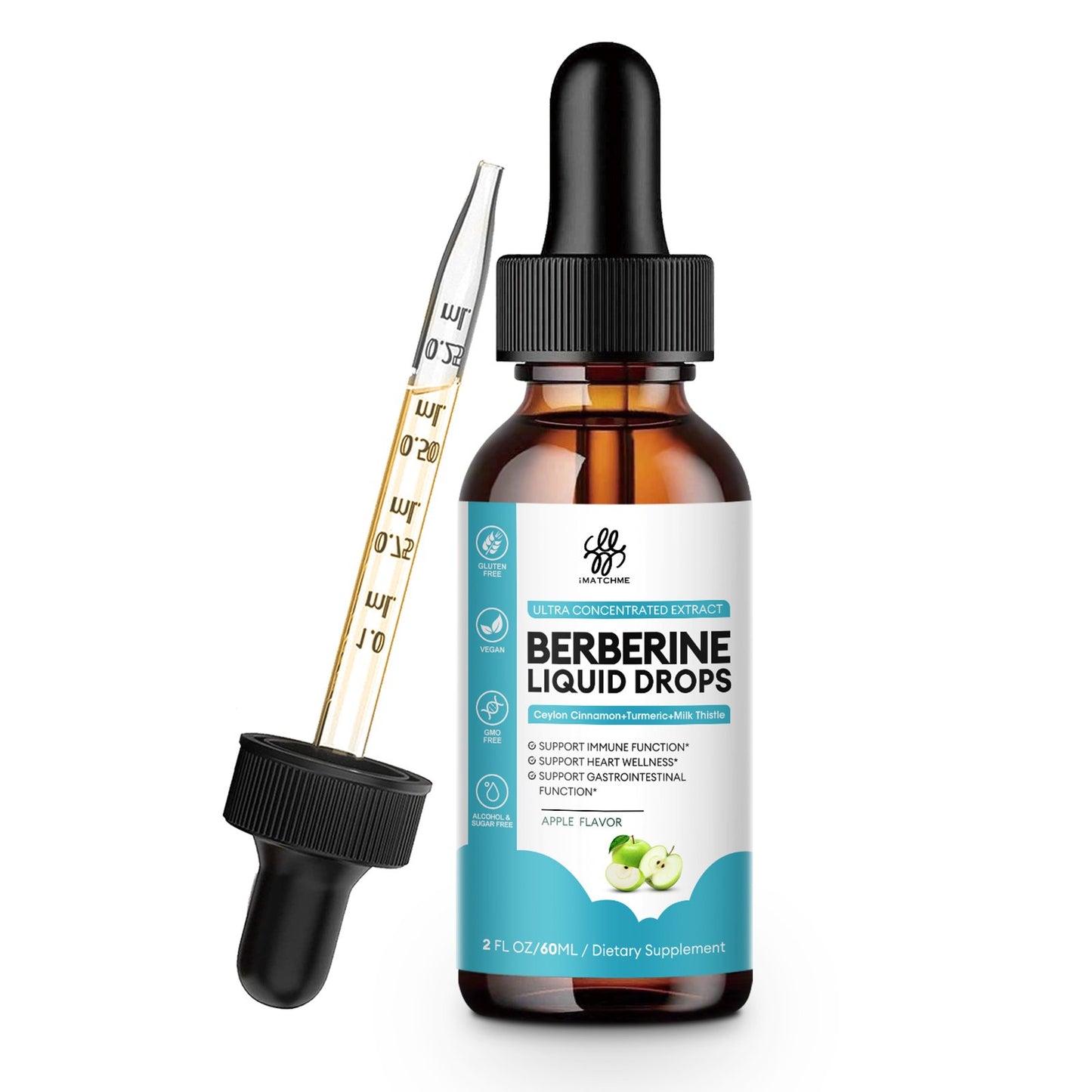 Berberine HCL 1200mg, 6-in-1 Berberine Complex Liquid drop for Cardiovascular Care & Body Management, Berberine with Ceylon Cinnamon, Antioxidant & Heart Health Support, Apple Flavor, 2 Fl Oz
