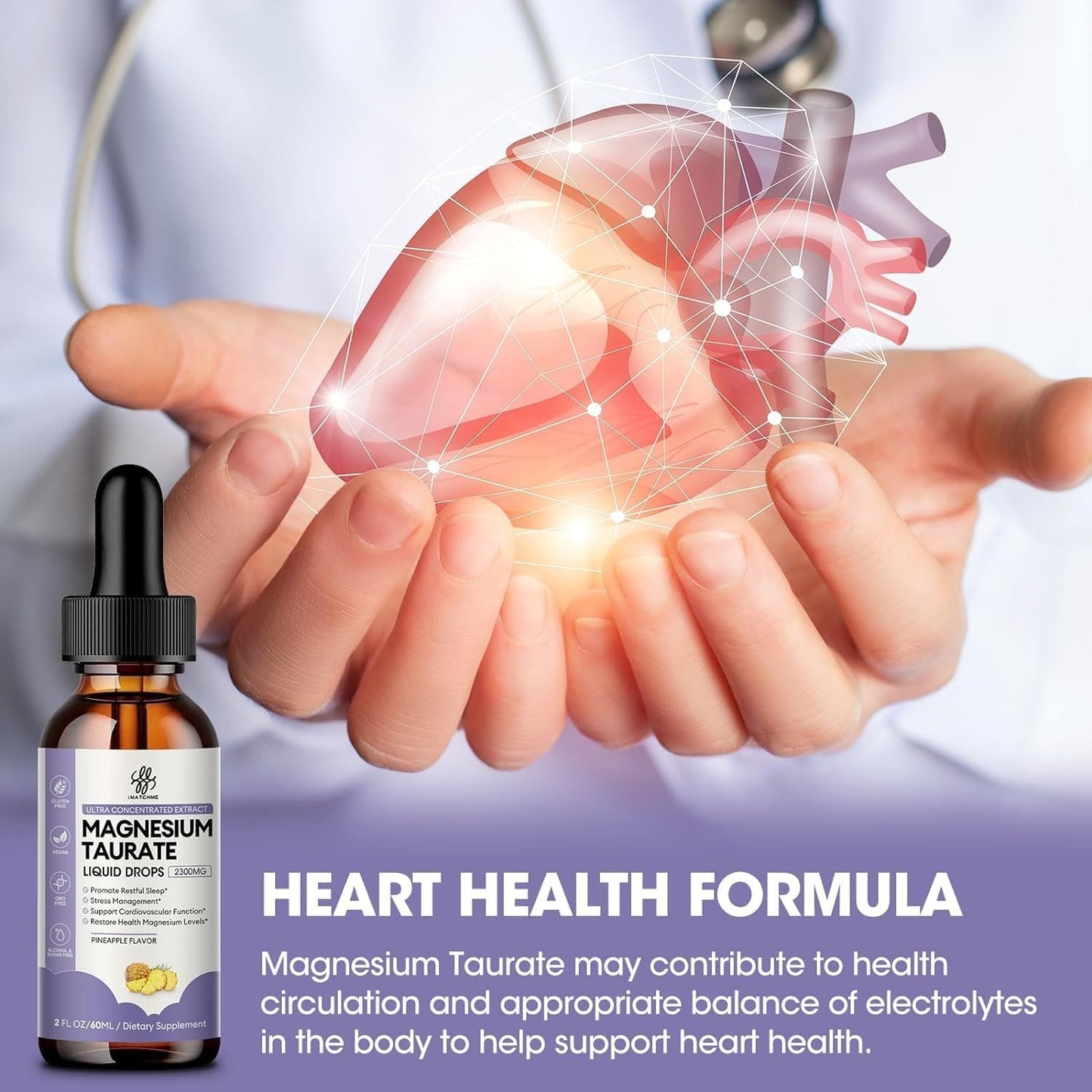 Magnesium Taurate Liquid Drop for Muscle Function, Nerve and Heart Health Support, High Absorption Magnesium Supplement with B6, CoQ10, Vegan, Non-GMO, Gluten/Sugar Free Pineapple Flavor, 2 Fl Oz