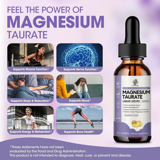 Magnesium Taurate Liquid Drop for Muscle Function, Nerve and Heart Health Support, High Absorption Magnesium Supplement with B6, CoQ10, Vegan, Non-GMO, Gluten/Sugar Free Pineapple Flavor, 2 Fl Oz