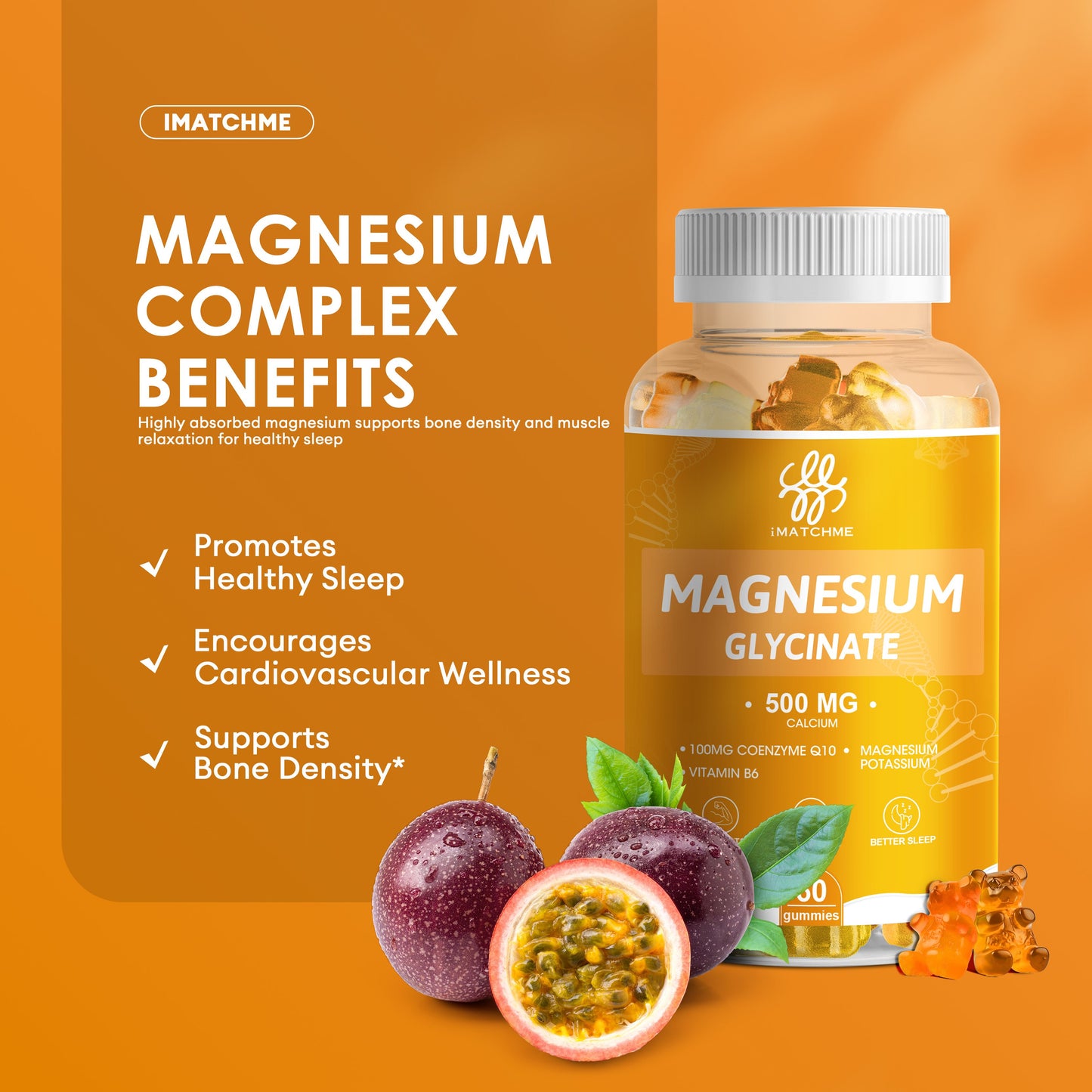 Magnesium Glycinate Gummies Sugar Free with Magnesium Malate, Vitamin D, B6, and CoQ10 for Calm Support & Sleep for Adults