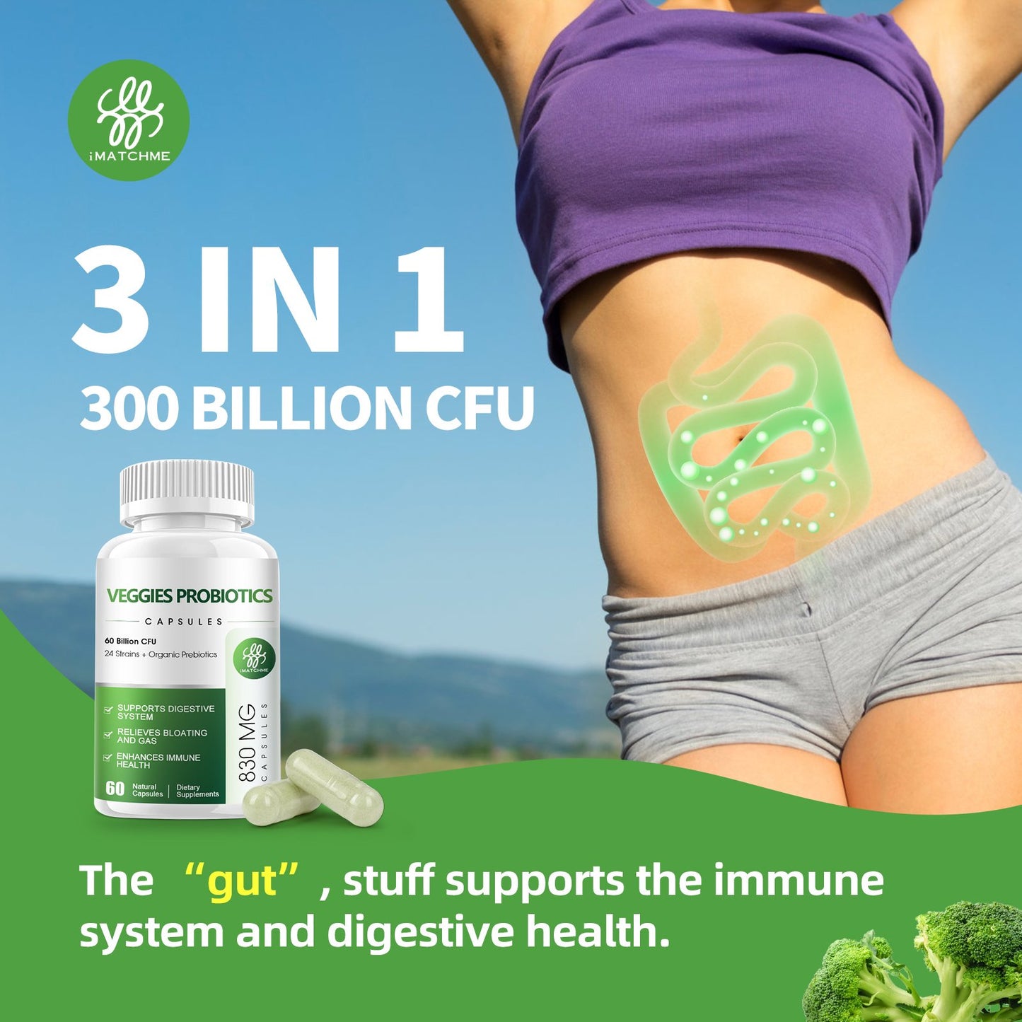 iMATCHME Probiotics Capsules 30 Billion CFU wih Enzyme Blend Support for Digestive,Gut,Immune &amp; Upper Respiratory Health Organic Prebiotics