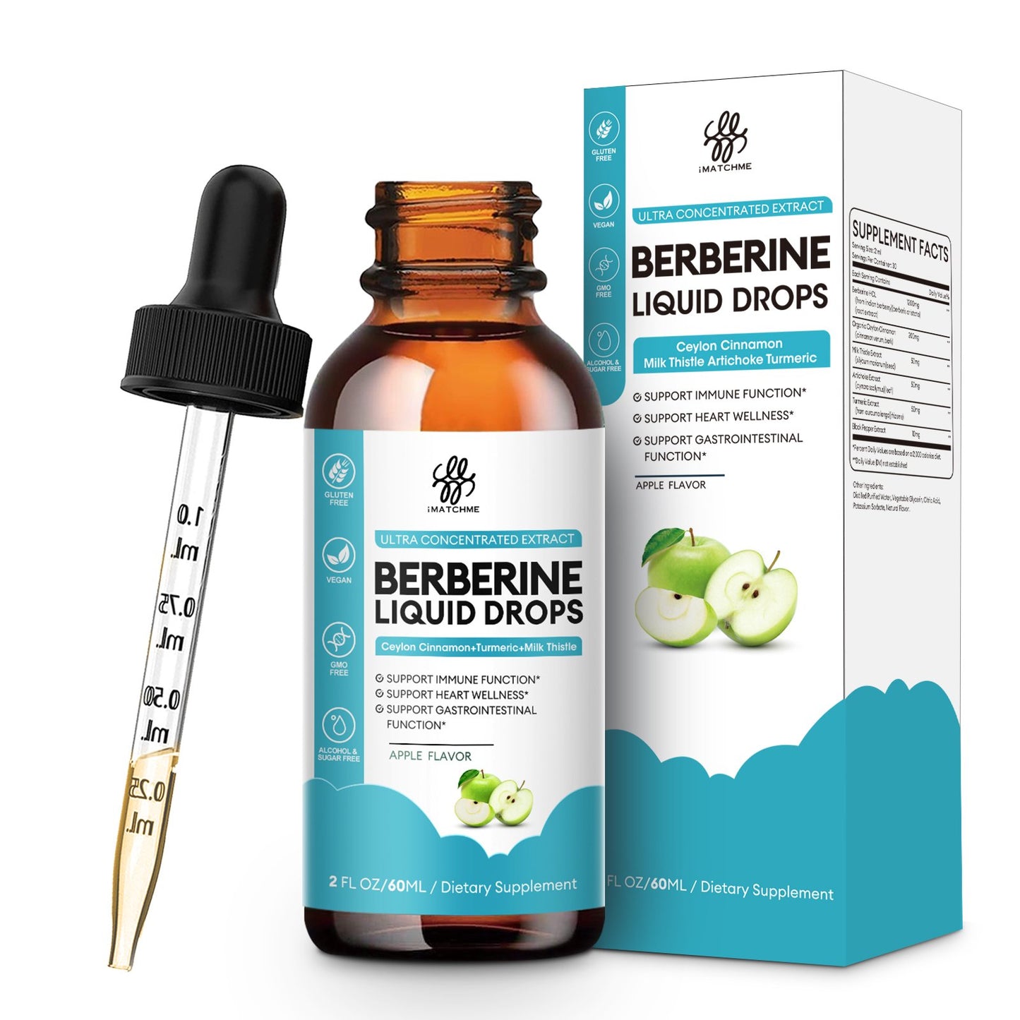 Berberine HCL 1200mg, 6-in-1 Berberine Complex Liquid drop for Cardiovascular Care & Body Management, Berberine with Ceylon Cinnamon, Antioxidant & Heart Health Support, Apple Flavor, 2 Fl Oz