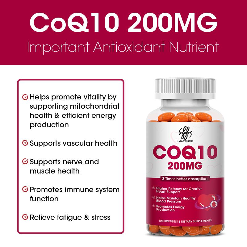 iMATCHME COQ10 Coenzyme Q10 200mg Vegetarian Promotes Cardiovascular Lpw Blood Sugar Level Health Heart Health Provides Energy SupportJoint Health