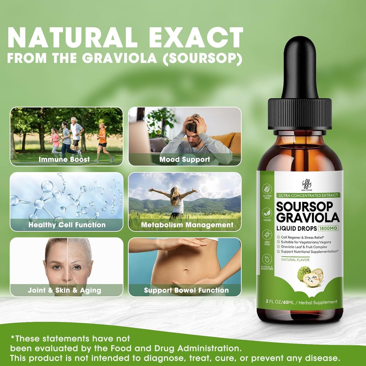 Soursop Liquid Drop for Cell Support & Regeneration, Immune Boost, Relax, Liver and Sleep, Soursop Bitters Liquid, Herbal Goodness, Sugar/Gluten Free, Natural Flavor, 2 Fl Oz