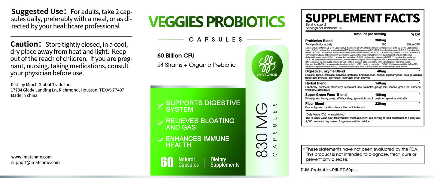 iMATCHME Probiotics Capsules 30 Billion CFU wih Enzyme Blend Support for Digestive,Gut,Immune &amp; Upper Respiratory Health Organic Prebiotics
