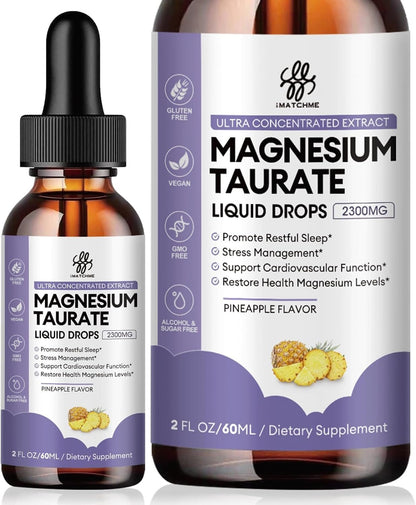 Magnesium Taurate Liquid Drop for Muscle Function, Nerve and Heart Health Support, High Absorption Magnesium Supplement with B6, CoQ10, Vegan, Non-GMO, Gluten/Sugar Free Pineapple Flavor, 2 Fl Oz