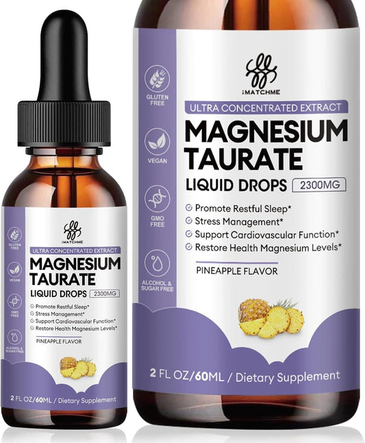 Magnesium Taurate Liquid Drop for Muscle Function, Nerve and Heart Health Support, High Absorption Magnesium Supplement with B6, CoQ10, Vegan, Non-GMO, Gluten/Sugar Free Pineapple Flavor, 2 Fl Oz