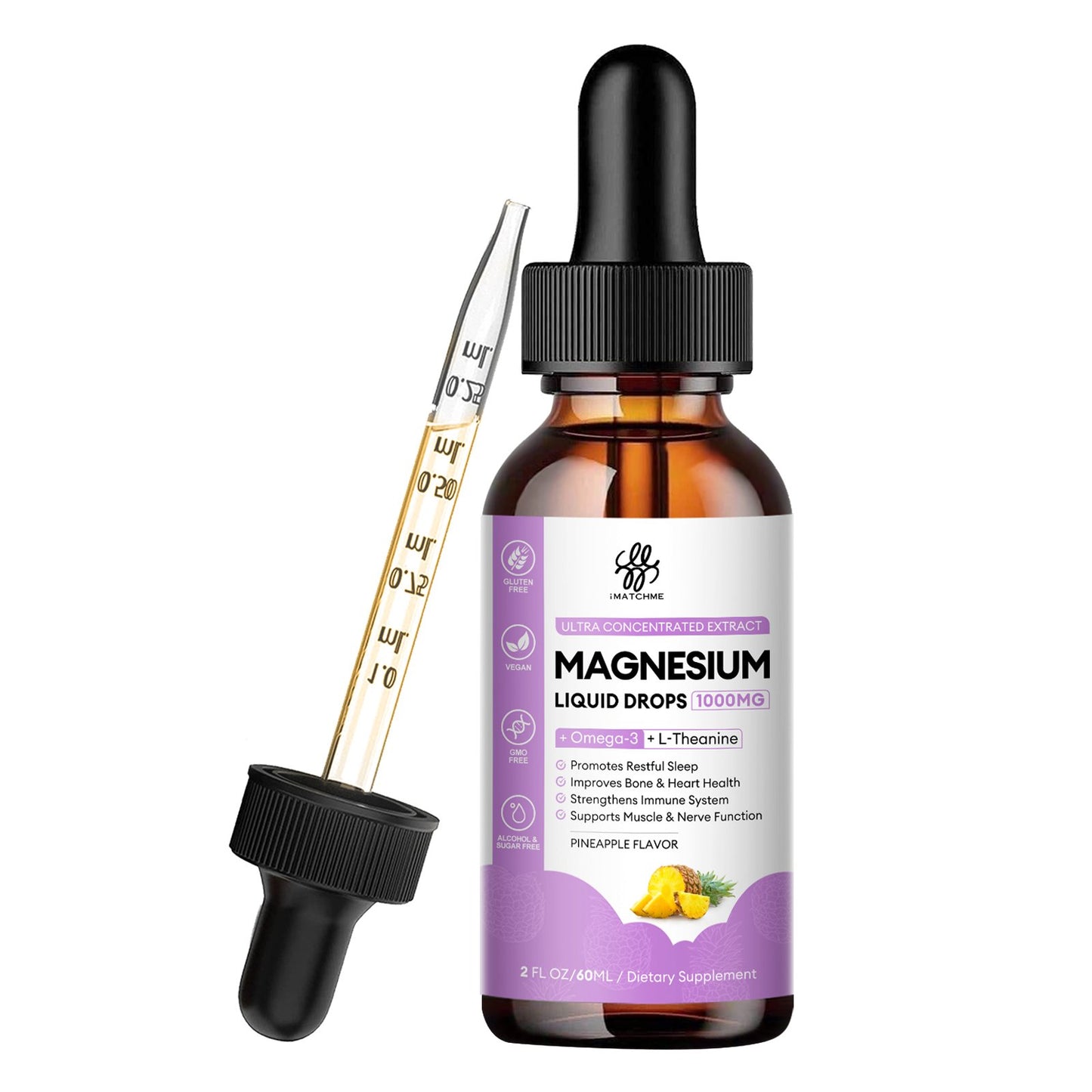 Magnesium Complex, Magnesium Glycinate, Oxide, Taurate and Citrate Liquid Drops for Bone, Heart, Muscle, Immune, Energy, Sleep & Digestion, High Absorption, Sugar-Free Pineapple Flavor, 2 Fl Oz