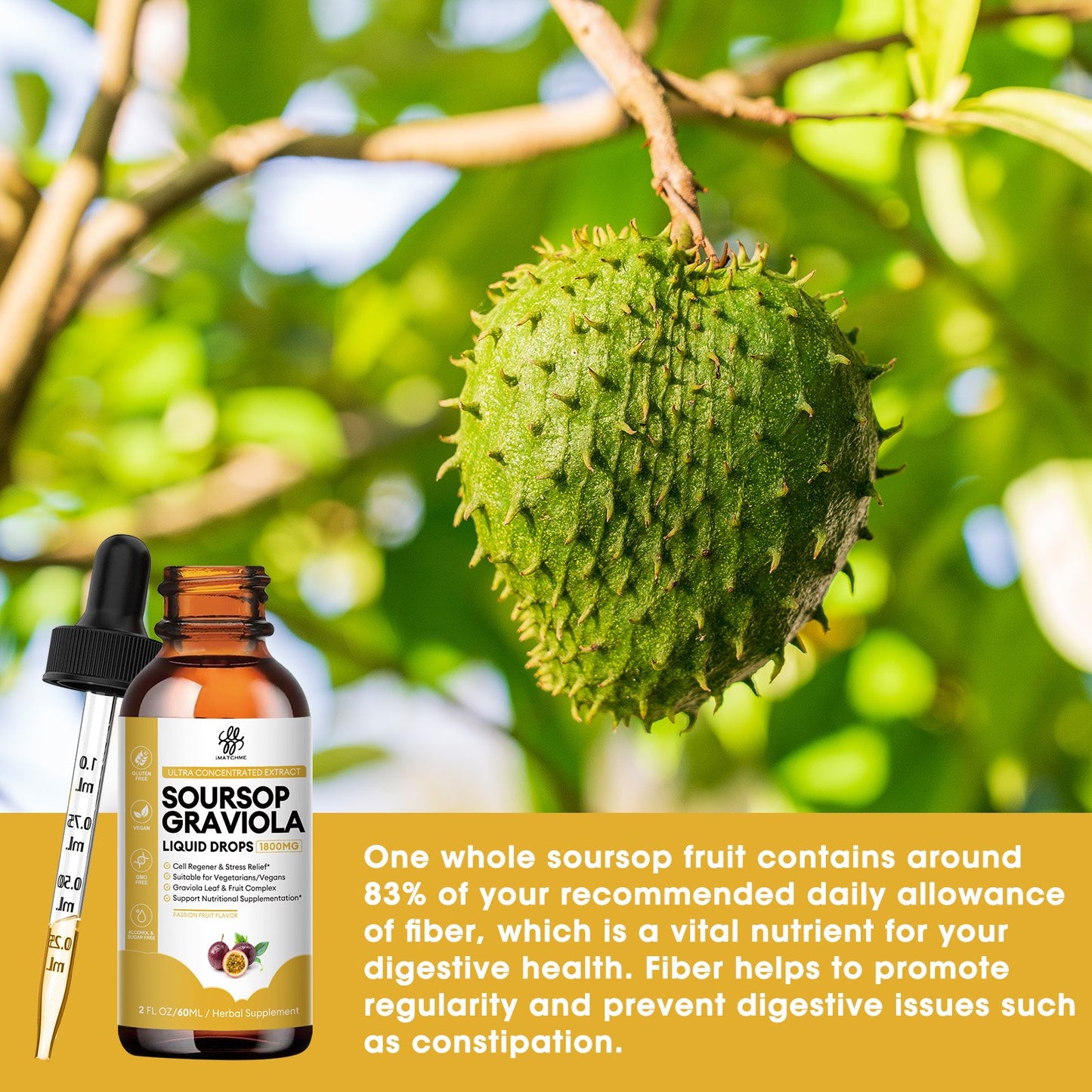 Premium Soursop Graviola for Digestion, Support Healthy Skin & Sleep, Soursop Extract Liquid Drop from Graviola Leaf and Fruit, Sugar/Caffeine/Gluten Free, Passion Fruit Flavor, 2 Fl Oz