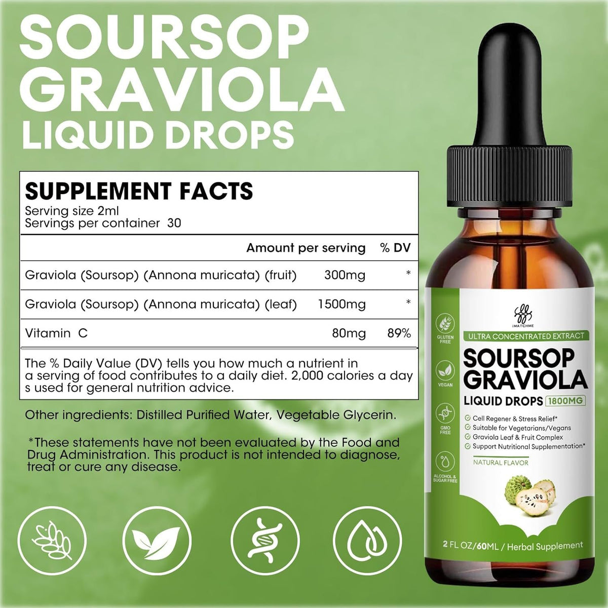 Soursop Liquid Drop for Cell Support & Regeneration, Immune Boost, Relax, Liver and Sleep, Soursop Bitters Liquid, Herbal Goodness, Sugar/Gluten Free, Natural Flavor, 2 Fl Oz