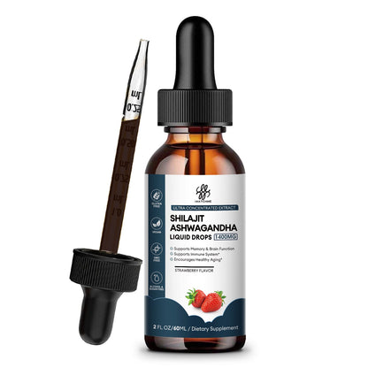 Shilajit Liquid Drop 1400MG with Ashwagandha for Enhanced Energy and Immune Support, Shilajit for Men Energy Booster, Sugar-Free, Strawberry Flavor, 2 Fl Oz