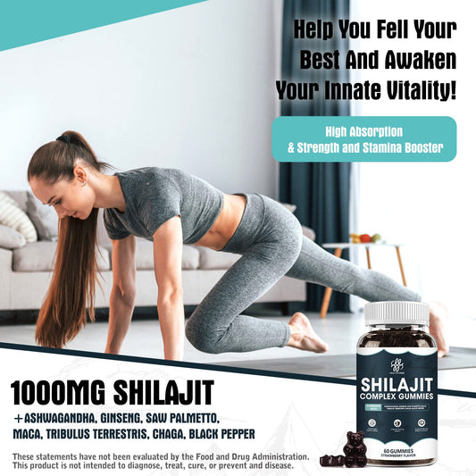 Shilajit Complex Gummies 1400MG with Ashwagandha for Enhanced Energy and Immune Support, Shilajit for Men Energy Booster, Sugar-Free, Strawberry Flavor, 60 Count