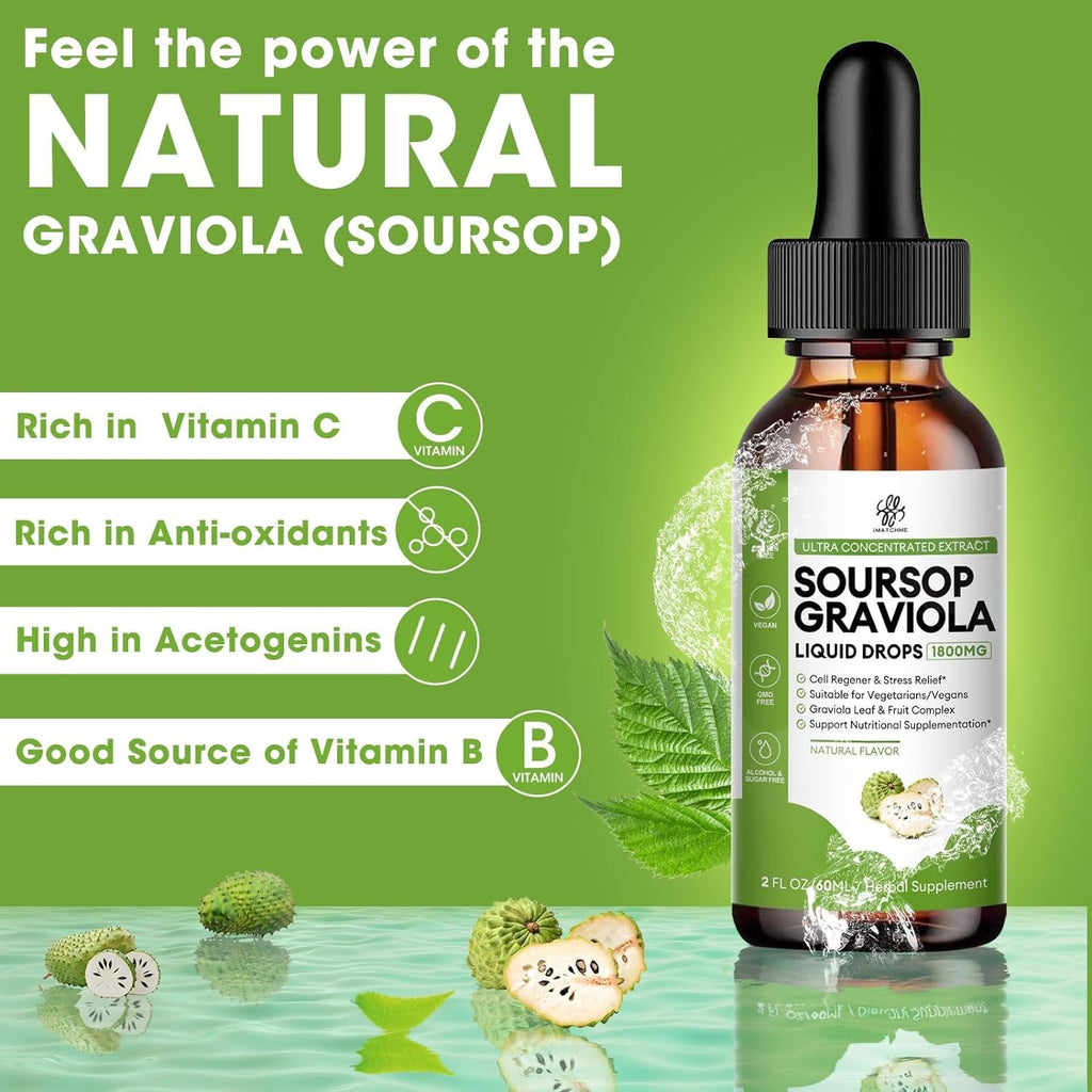 Soursop Liquid Drop for Cell Support & Regeneration, Immune Boost, Relax, Liver and Sleep, Soursop Bitters Liquid, Herbal Goodness, Sugar/Gluten Free, Natural Flavor, 2 Fl Oz