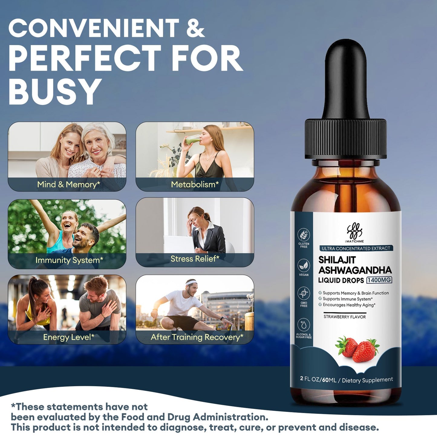 Shilajit Liquid Drop 1400MG with Ashwagandha for Enhanced Energy and Immune Support, Shilajit for Men Energy Booster, Sugar-Free, Strawberry Flavor, 2 Fl Oz