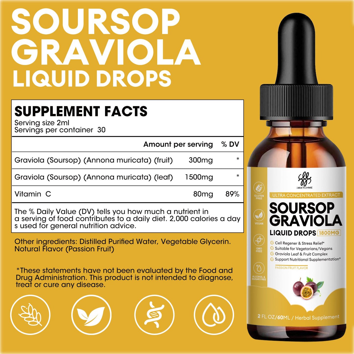 Premium Soursop Graviola for Digestion, Support Healthy Skin & Sleep, Soursop Extract Liquid Drop from Graviola Leaf and Fruit, Sugar/Caffeine/Gluten Free, Passion Fruit Flavor, 2 Fl Oz