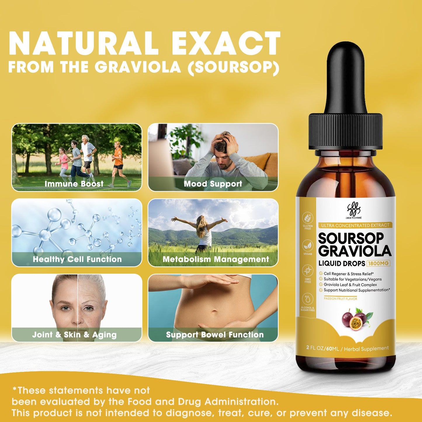 Premium Soursop Graviola for Digestion, Support Healthy Skin & Sleep, Soursop Extract Liquid Drop from Graviola Leaf and Fruit, Sugar/Caffeine/Gluten Free, Passion Fruit Flavor, 2 Fl Oz