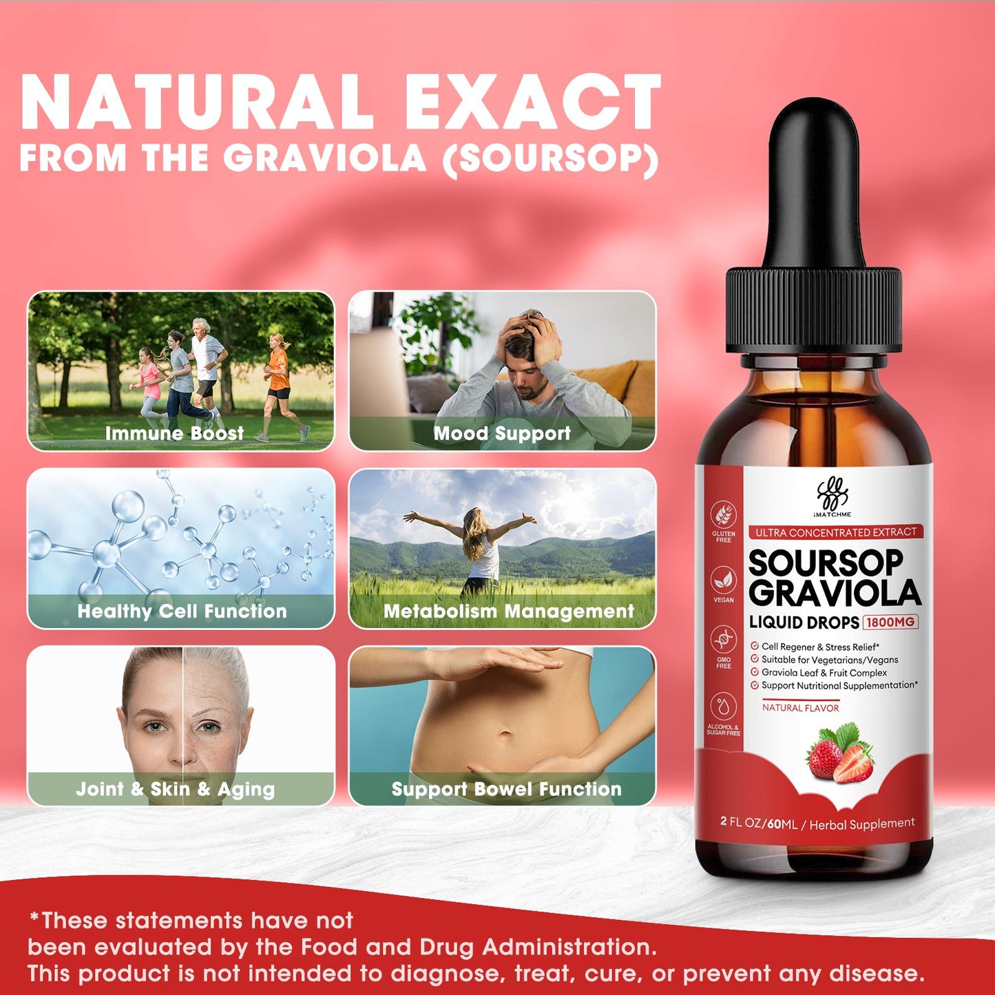 Soursop Graviola Liquid Drop Strawberry Flavor Natural Soursop Leaves & Fruit Complex for Overall Wellness