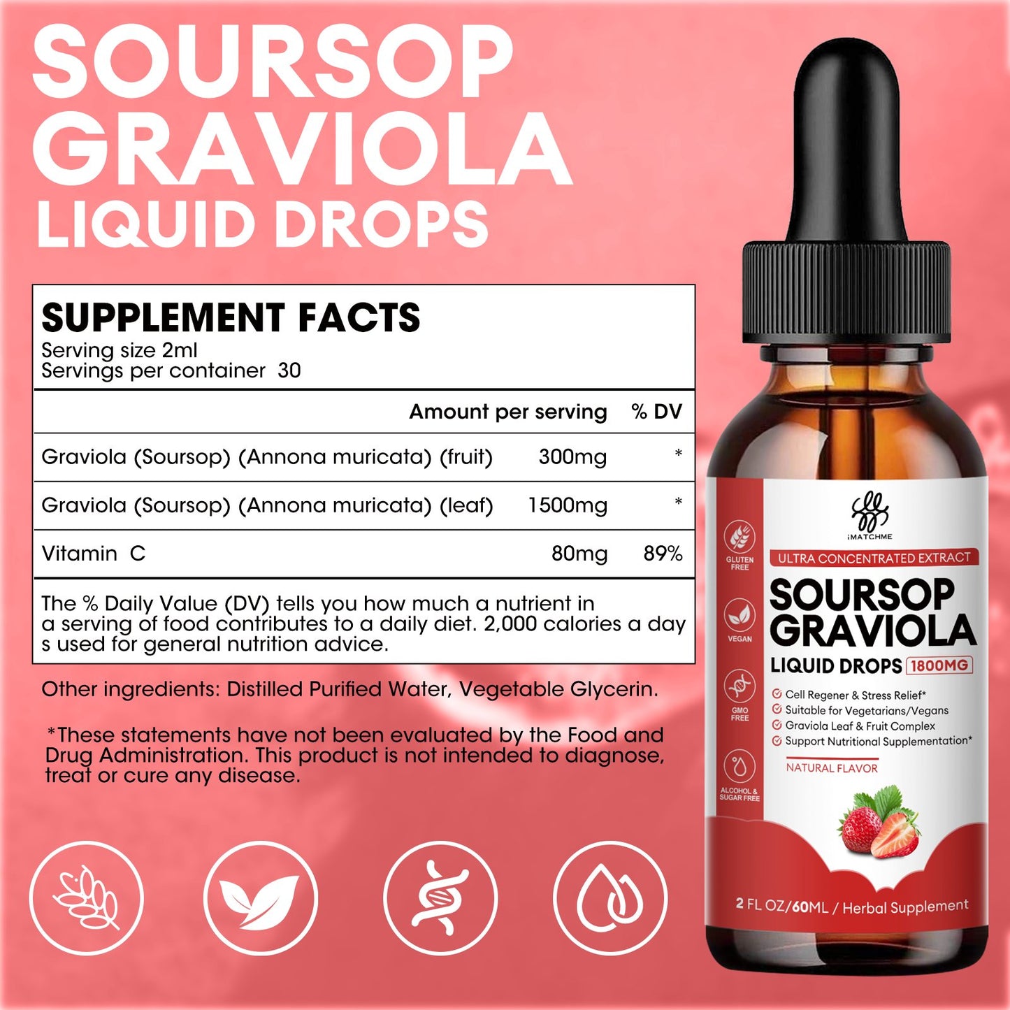 Soursop Graviola Liquid Drop Strawberry Flavor Natural Soursop Leaves & Fruit Complex for Overall Wellness