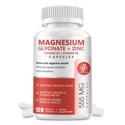Magnesium Glycinate Capsules - Supplement to Support Stress Relief, Sleep, Heart Health, Nerves, Muscles, and Metabolism* - with Zinc Vitamin D3 D6 Pills