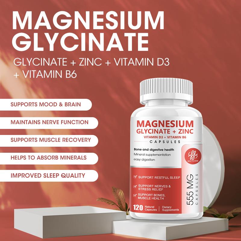 Magnesium Glycinate Capsules - Supplement to Support Stress Relief, Sleep, Heart Health, Nerves, Muscles, and Metabolism* - with Zinc Vitamin D3 D6 Pills