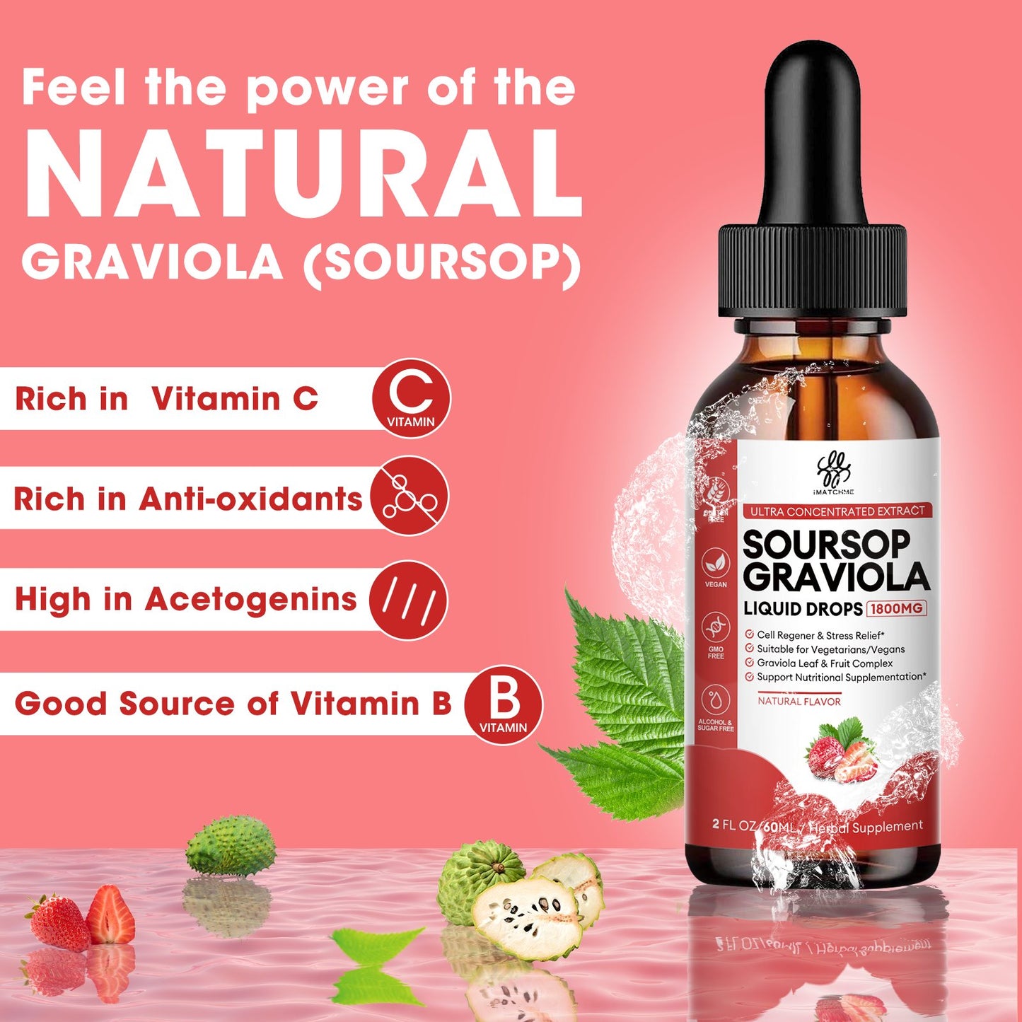 Soursop Graviola Liquid Drop Strawberry Flavor Natural Soursop Leaves & Fruit Complex for Overall Wellness